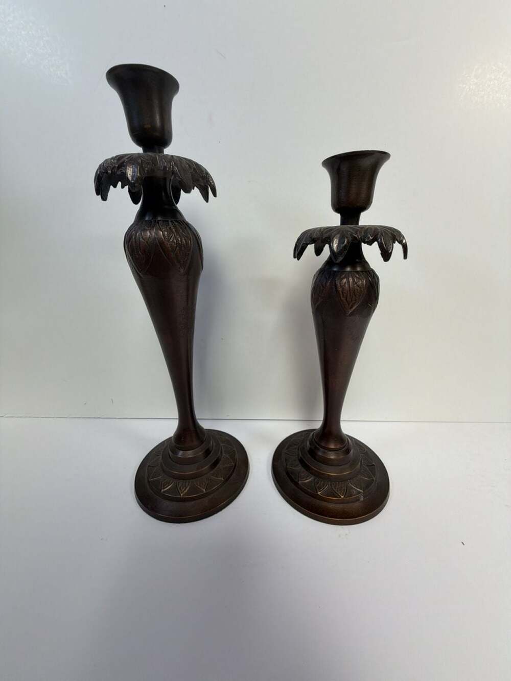 Vintage Ornate Bronze Tone Metal Candlestick Holders Set of 2
